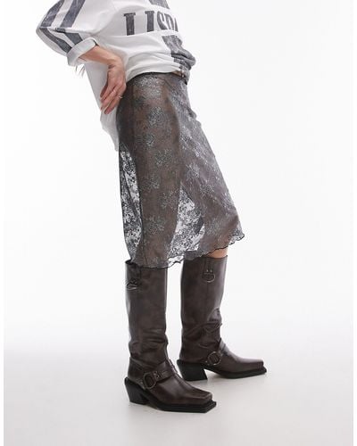 TOPSHOP Metallic Sheer Lace 90's Length Skirt - Grey