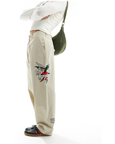 Ed Hardy Skater Chino Trousers With Embroidery Detail - White