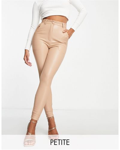 Miss Selfridge Petite - legging en imitation cuir avec braguette boutonnée - taupe - Blanc