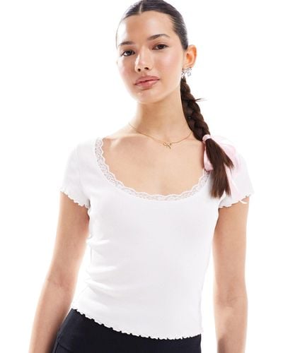 Miss Selfridge Short Sleeve Pointelle Scoop Tee With Lace Trim Detail - White