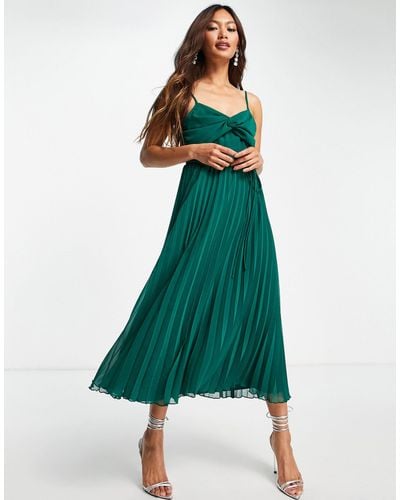 ASOS Twist Front Pleated Cami Midi Dress With Belt - Green