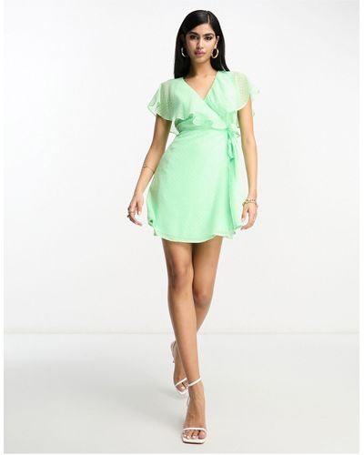 ASOS Wrap Flutter Sleeve Mini Dobby Tea Dress - Green