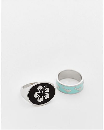 Reclaimed (vintage) Inspired - Uniseks Ring Met Print Van Hibiscusbloem En Dolfijnen - Metallic
