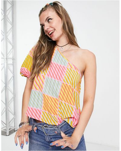Native Youth Asymmetric Puff Sleeve One Shoulder Swing Top - Multicolor