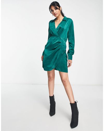 Vila Satin Wrap Front Mini Dress - Green