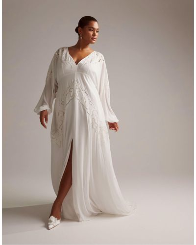 ASOS Asos Design Curve Florence Plunge Long Sleeve Wedding Dress With Cutwork In - Gray