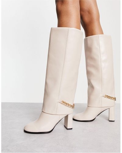 River Island Fold Over Chain Detail High Leg Heeled Boots - Natural