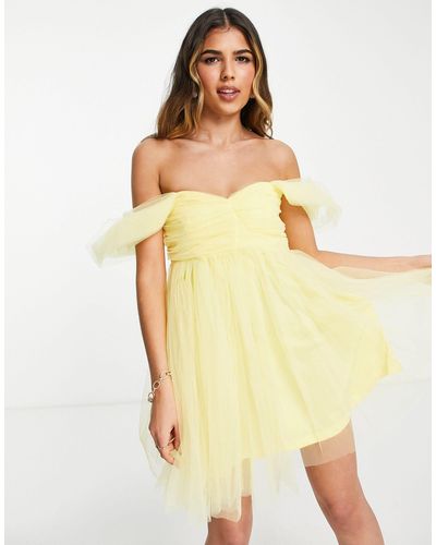 LACE & BEADS Tulle Babydoll Mini Dress - Yellow