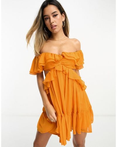 ASOS Ruffle Cut Out Off The Shoulder Mini Dress - Orange
