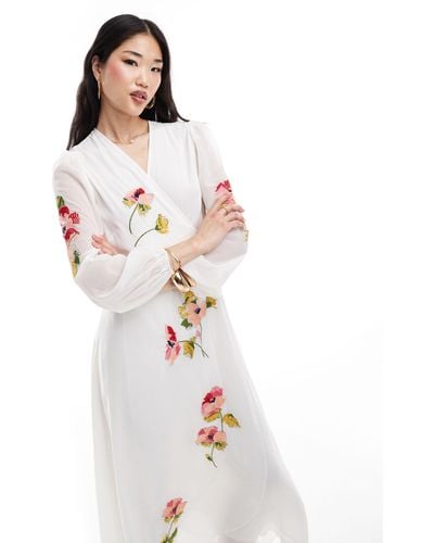 Hope & Ivy Wrap Maxi Dress With Floral Embroidery - White