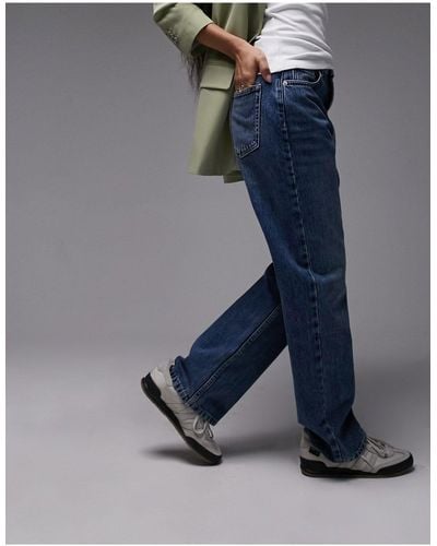 Topshop Unique Mid Rise Straight Kort Jeans - Blue