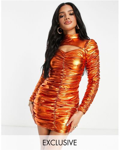 Collective The Label Exclusive Long Sleeve Cut Out Sequin Mini Dress - Orange