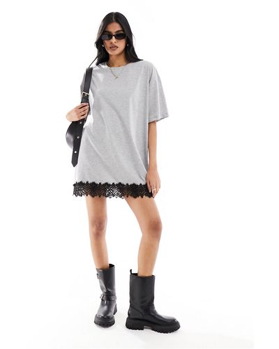 Noisy May Oversize T-shirt Dress With Lace Trim - White