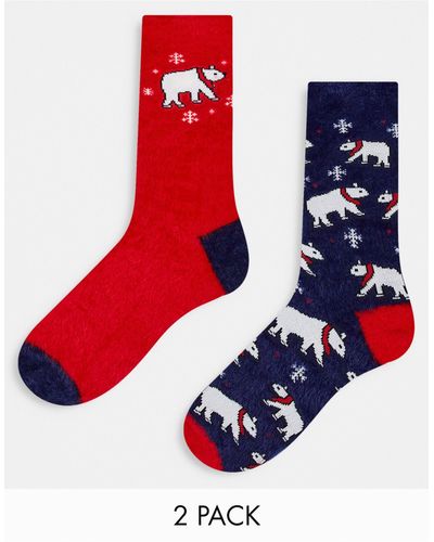 Threadbare Christmas 2 Pack Fluffy Polar Bear Socks - Red