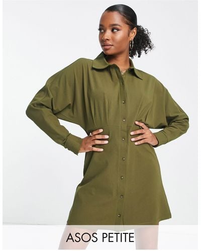 ASOS Asos Design Petite Long Sleeve Mini Shirt Dress With Ruching Detail - Green