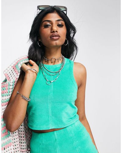 TOPSHOP Co-ord Seam Front Towelling Racer Crop Top - Green