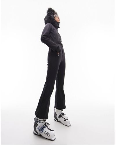 TOPSHOP Sno Ski Suit With Faux Fur Hood & Belt - Black