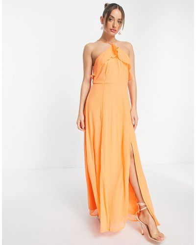 Vero Moda Halterneck Maxi Dress With Ruffle Detail And Split Front - Orange