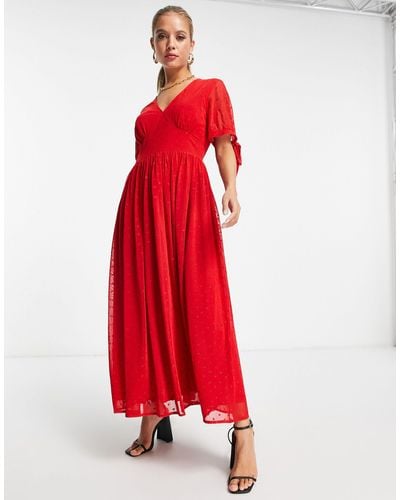 Never Fully Dressed Tie Sleeve Glitter Heart Midaxi Dress - Red