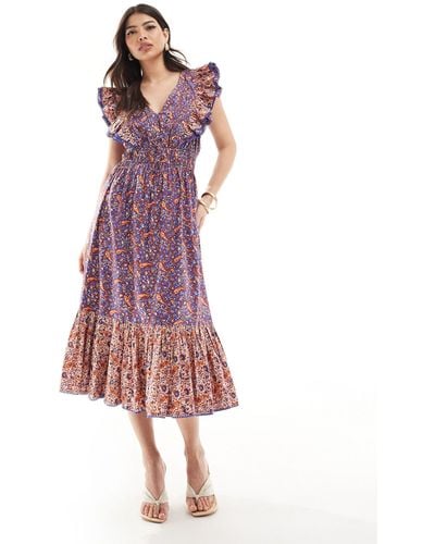 French Connection Frill Detail Midi Dress - Purple
