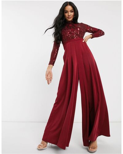 Bariano Long Sleeved Wide Leg Jumpsuit With Embellished Top - Red
