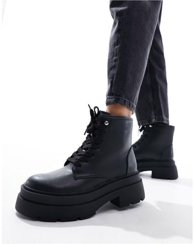 London Rebel Chunky Flatform Hiker Boots - Black