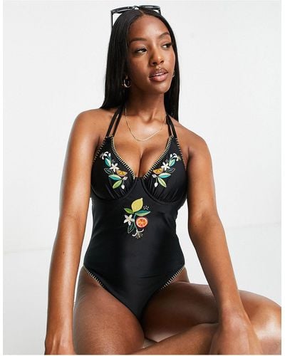 Figleaves Fuller Bust Embroidered Double Strap Swimsuit - Black