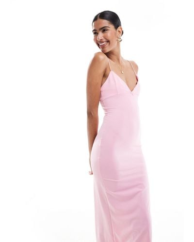 Bershka Thin Strap Bow Detail Bodycon Maxi Dress - Pink