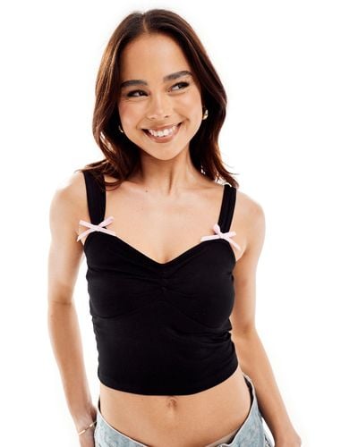 New Look Bow Detail Ruched Front Top - Black