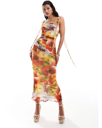 ASOS Mesh Cowl Neck Softline Midi Dress With Waterfall Ruffle Strap Detail - Multicolour