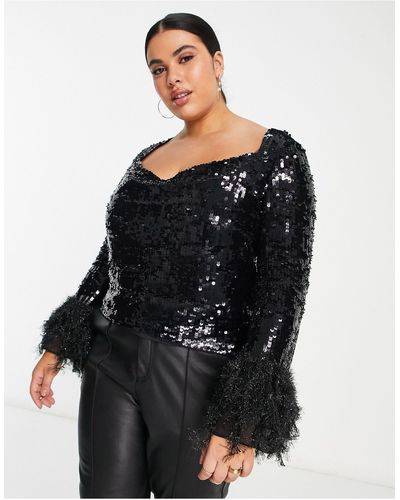 ASOS Curve Embellished Long Sleeve Top With Feather Cuff & Cowl Neck Detail - Black
