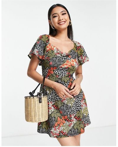 ASOS Flutter Sleeve Mini Tea Dress With Cowl Neck - Multicolor