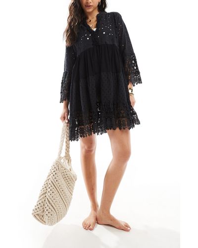 South Beach Broderie Lace Detail Tiered Dress - Black