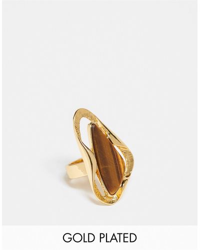 ASOS Limited Edition 14k Plated Ring With Molten Design And Tigers Eye Real Semi Precious Stone - White