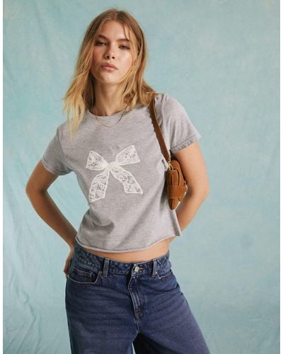 Miss Selfridge Short Sleeve Baby Tee With Lace Bow Graphic - Blue