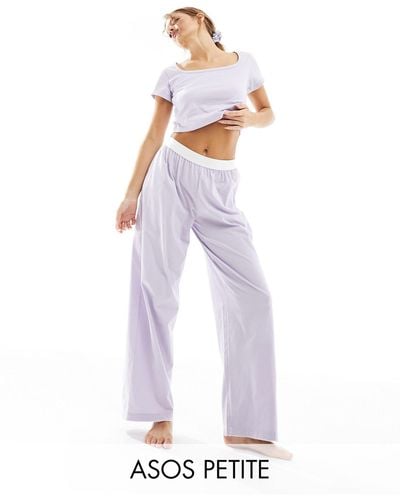 ASOS Asos Design Petite Cotton Pajama Trouser With Exposed Waistband And Picot Trim - White