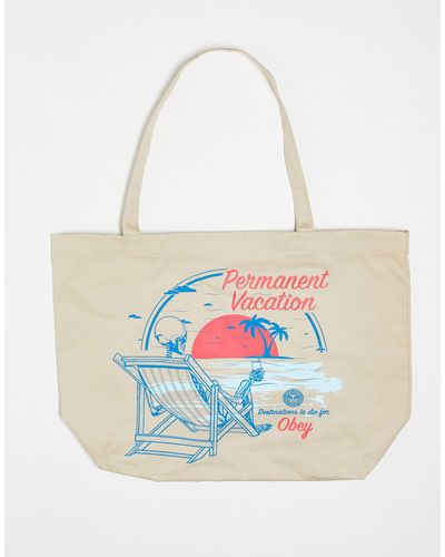 Obey Unisex Tote Met 'permanent Vacation'-slogan - Wit