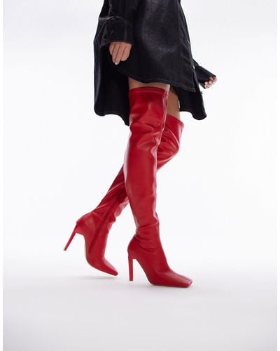 TOPSHOP Wide Fit Mollie Over The Knee Heeled Sock Boots - Red