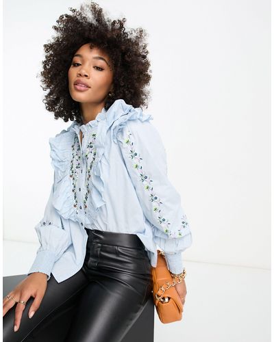 Y.A.S Embroidered Detail Frill Shirt - White