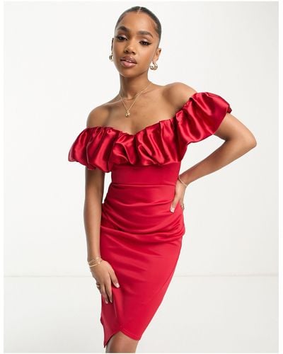 Lipsy Bandeau Satin Ruched Bodycon Midi Dress - Red