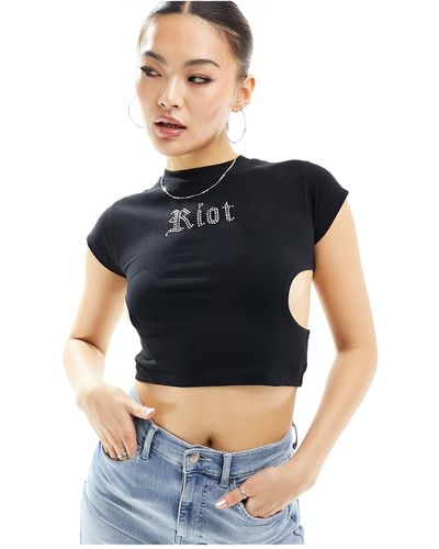 Liquor N Poker T shirt nera con cut-out e scritta "riot" di strass - Blu