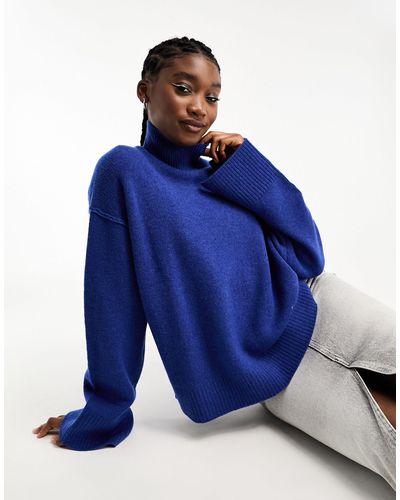 Weekday Maggie - pull en laine à col roulé avec surpiqûres et manches larges - chiné - Bleu