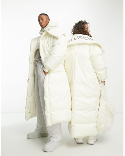 Collusion Unisex Longline Duvet Puffer Coat With Detachable Hood - White