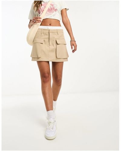 Bershka Boxer Waistband Tailored Cargo Mini Skirt - Natural