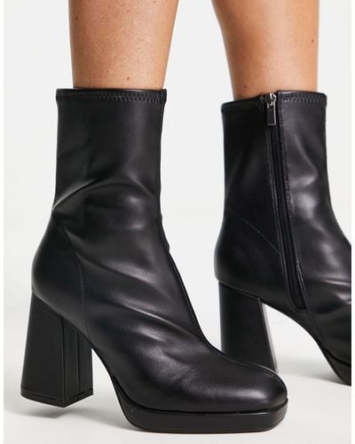 Bershka Faux Leather Heeled Ankle Sock Boot - Black