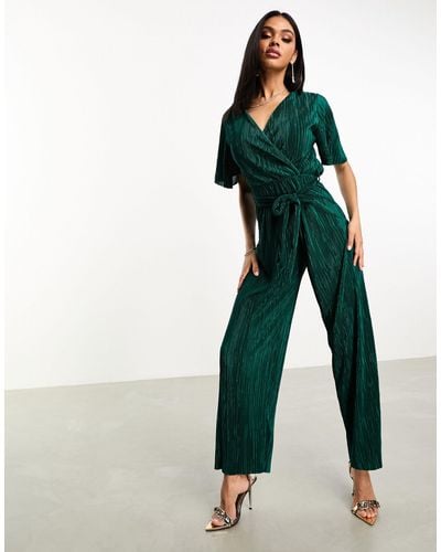 AX Paris Short Sleeve Plisse Wrap Jumpsuit - Green