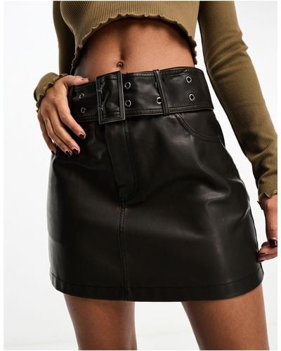 Stradivarius Belted Faux Leather Mini Skirt - Black