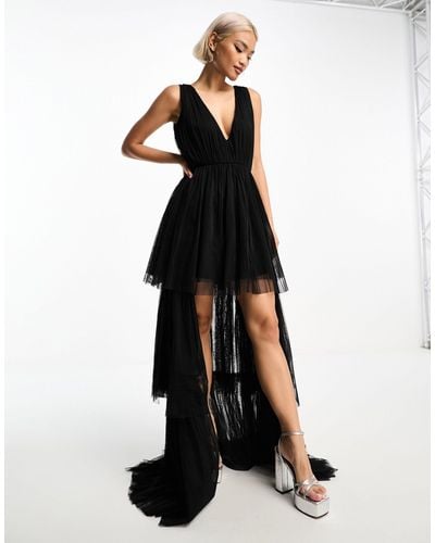 LACE & BEADS Tulle High Low Plunge Maxi Dress With Tiered Skirt - Black