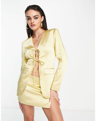 Annorlunda Satin exaggerated Shoulder Tie Front Blazer Co-ord - Natural