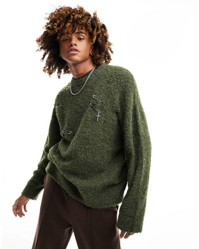 The Ragged Priest Oversized Distressed Bleached Jumper - Green